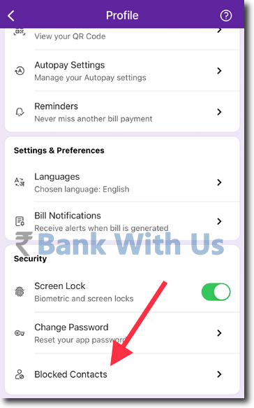 Image Explaining Where the "Blocked Contacts" option can be Found in the PhonePe App