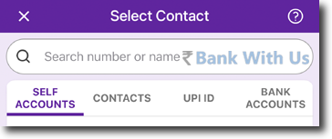 Types of Receipts in PhonePe Reminders showing self accounts, contacts, UPI ID, and Bank Accounts