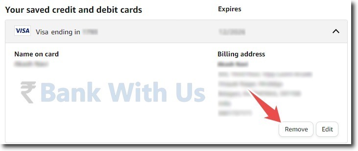 Click on Remove to Delete your Card Details in the Amazon Account