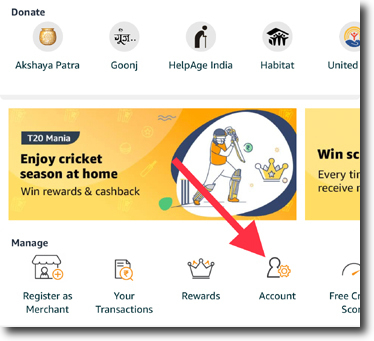 Tap on Account in Manage Section of Amazon Pay
